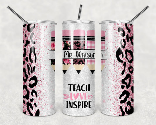 Teacher Cheetah Print Glitter Pencil Tumbler